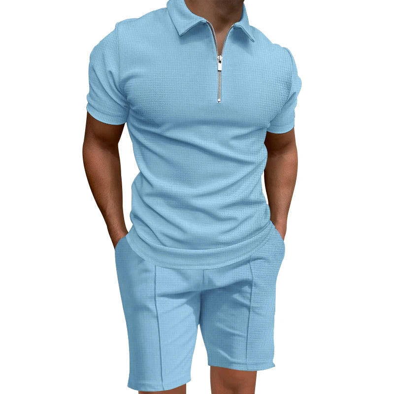 Cross border men's polo shirt set solid color waffle short sleeve slim lapel t-shirt casual men's shorts set