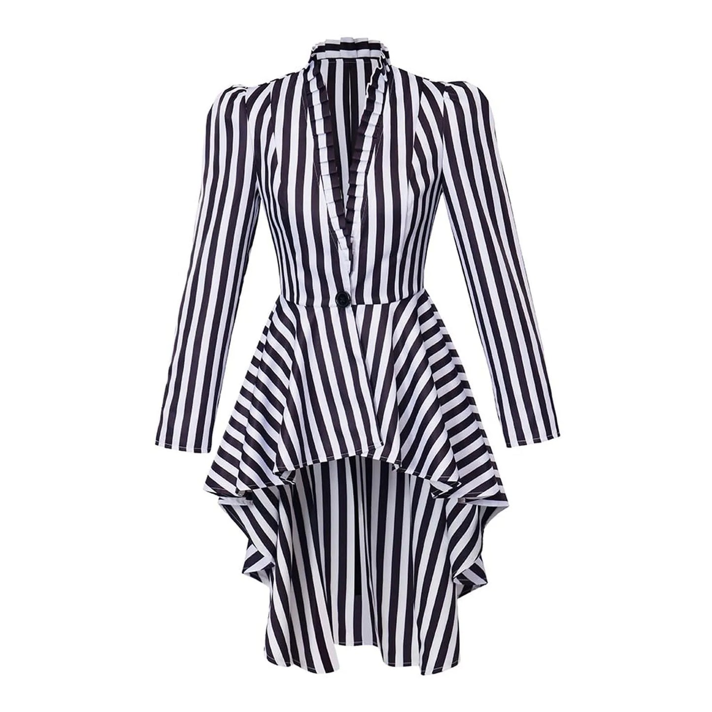 Black/White Stripe Elegant Women Irregular Hem Trench Coat  Vintage One Button Slim Tailcoat