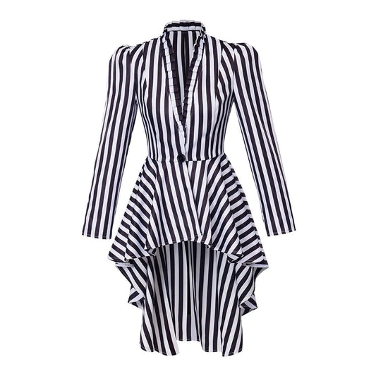 Black/White Stripe Elegant Women Irregular Hem Trench Coat  Vintage One Button Slim Tailcoat