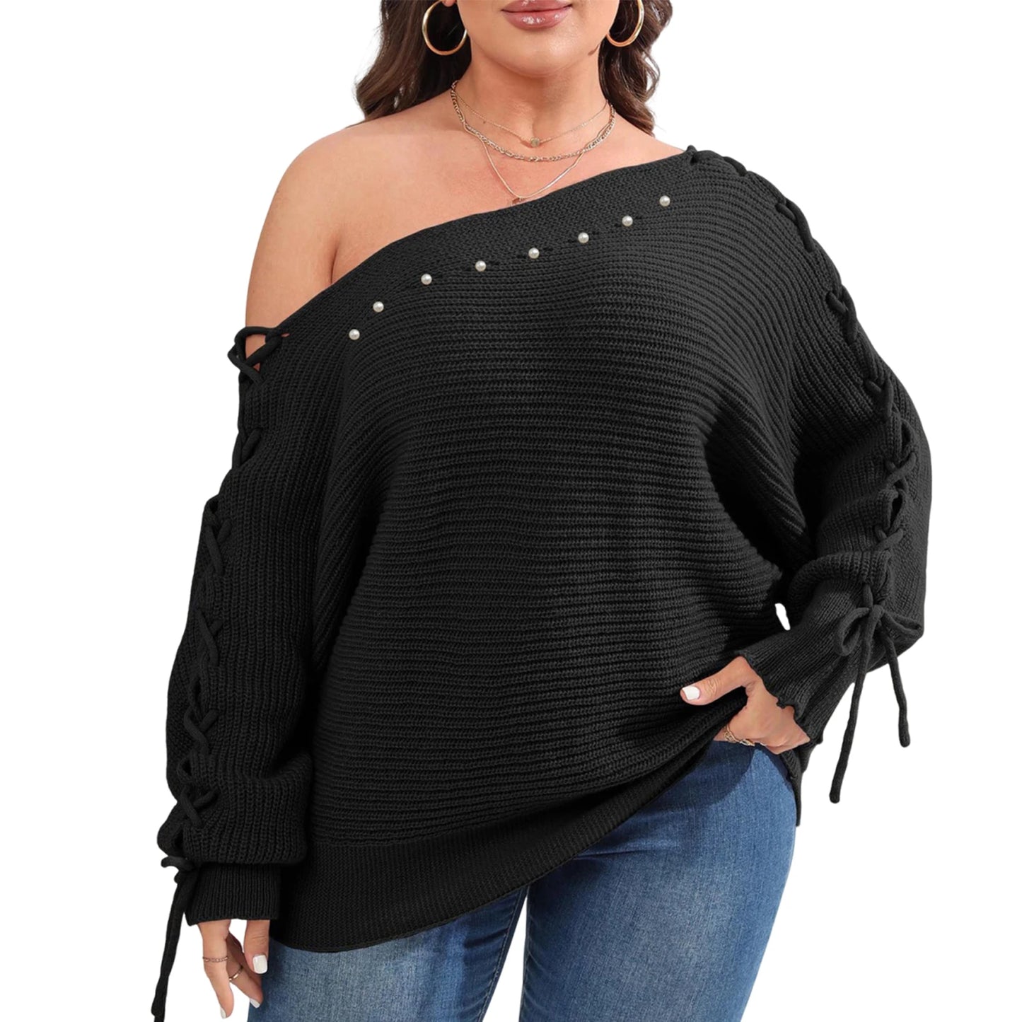 Women s Plus Size Sweater Cozy Cable Knit Off Shoulder Long Sleeve Pullover with Tassel Detail Casual