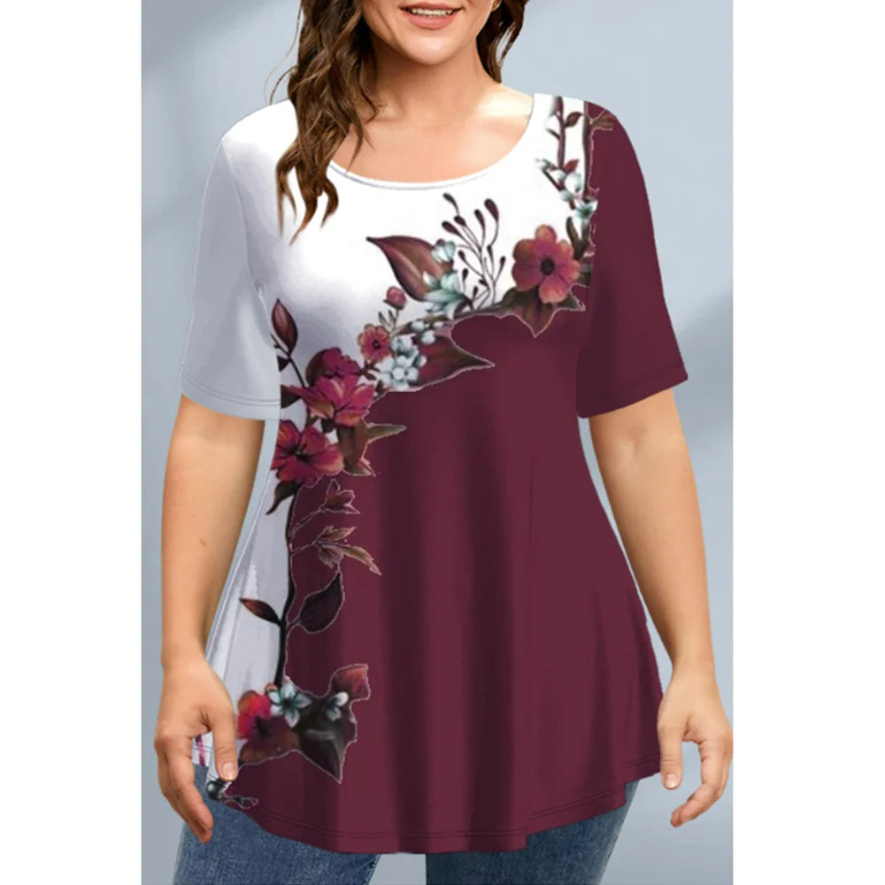 Women's T-Shirts Spring Clothing Floral Graphic O-Neck Pullovers Short Sleeve Tops Streetwear Oversized Apparel Ladies