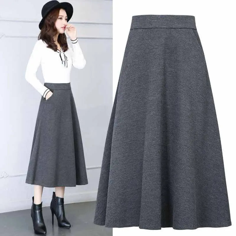 Long Woolen High Waist  A Line Thick Warm Pocket Maxi Skirt