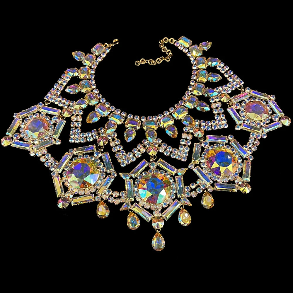 AB Color Geometric Necklace  Irregular Accessories Exaggerated Jewelry Luxury Crystal Oversize