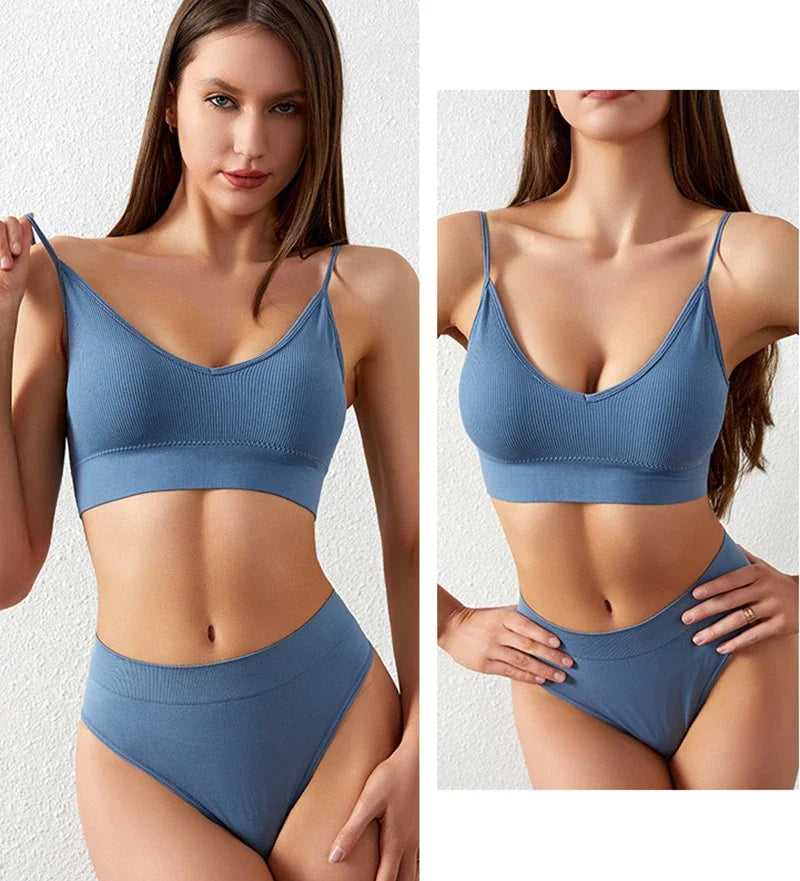 Bra and Panties Set Push Up Sports Bra Set Seamless Active Bra Thong Lingerie Set Fitness Crop Top