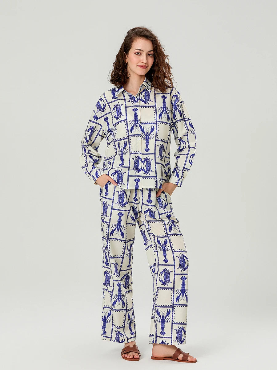 Women s Cute Lobster Print Button-Up Shirt with Matching Elastic Waist Pants - 2 Piece Set for Casual