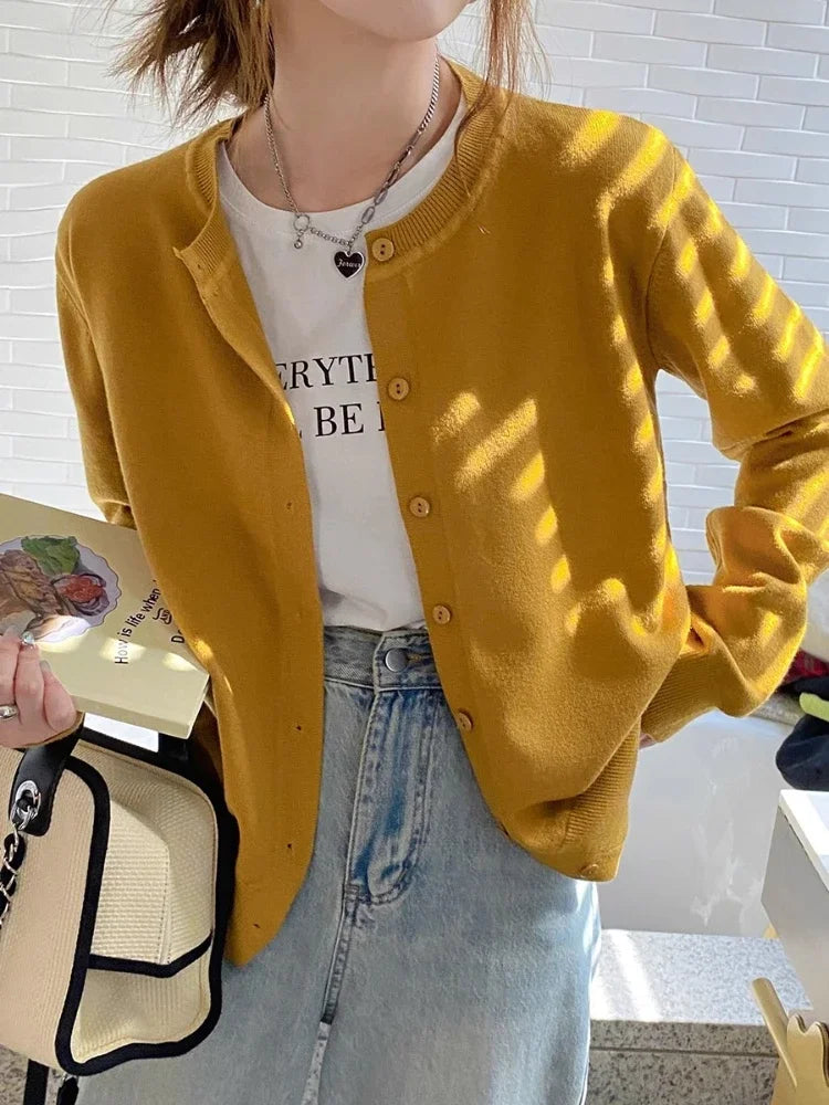Cardigan Sweater Casual Warm Spring Summer Women O-neck Long Sleeve Single Breasted Slim Fashion