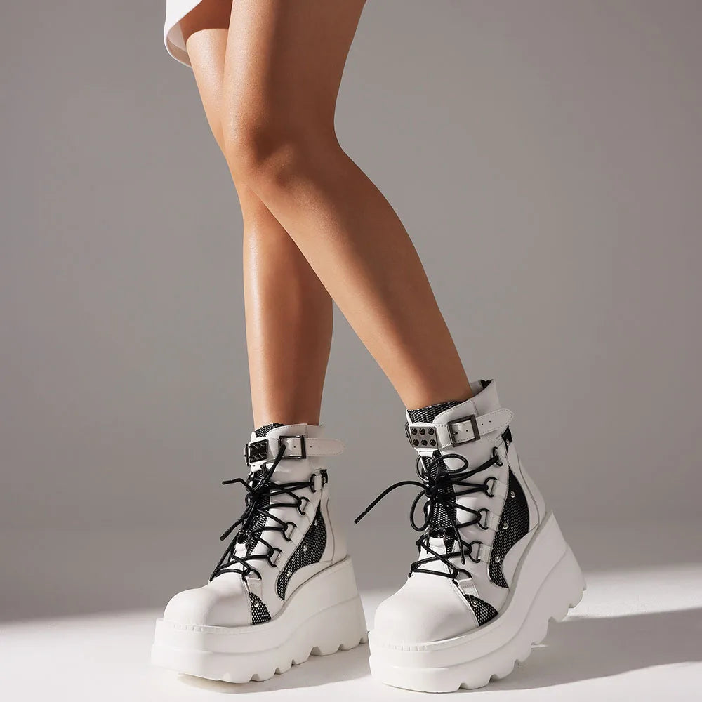 Punk Ankle Boots Platform Back Zipper Buckle Round Toe Lace-up Chunky High Heeled