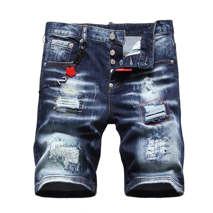 fashion blue Denim Shorts Summer Holes BUTTON FLY Shorts Jeans High Quality Stretch Fit Denim Jeans Shorts
