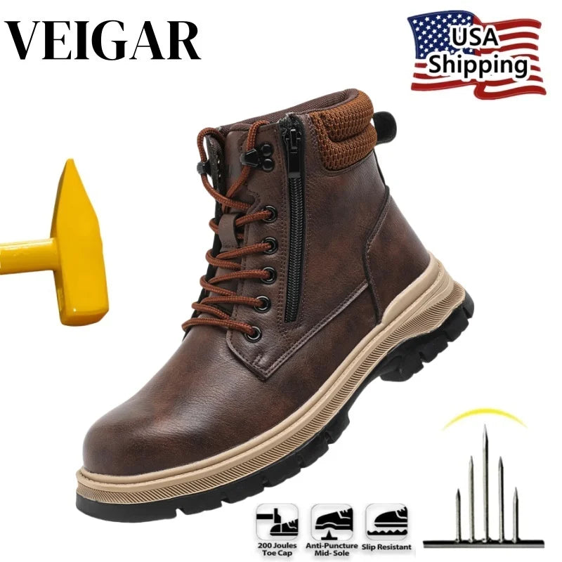 Brown Leather waterproof Work Shoes Steel Toe Men Work Safety Shoes Zipper's Construction Shoes Outdoor Work Footwear