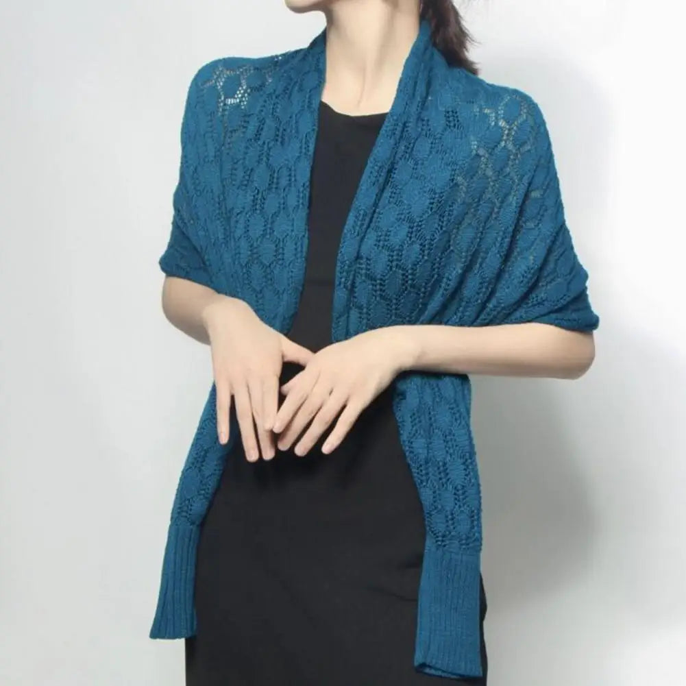 Women Shawl Long Sleeve Soft Fabric Cardigan Open Stitch  Solid Color See-through Hollow Out