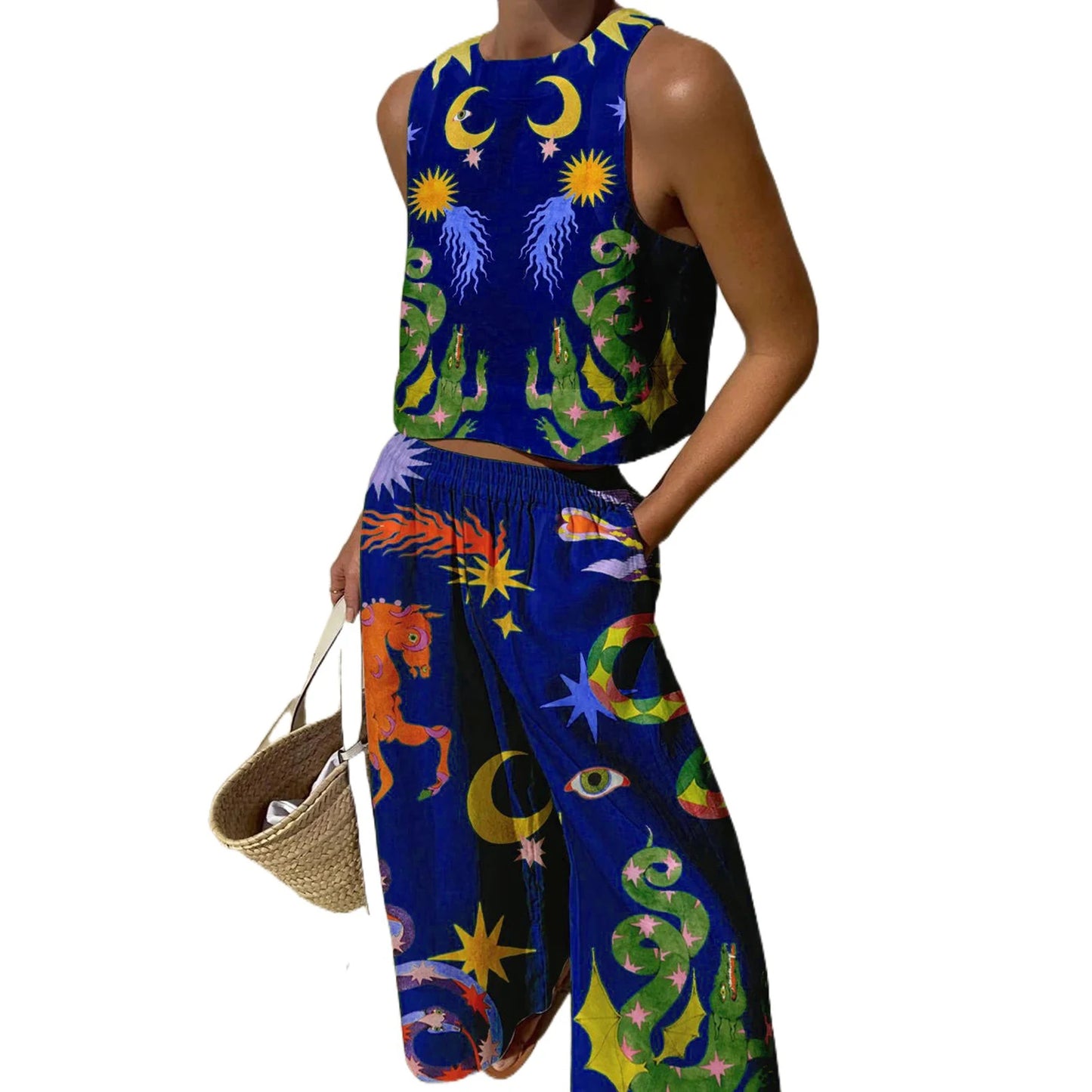 Women s Retro Style Crop Top and High Waisted Wide Leg Pants Set with Abstract Print Sleeveless Tank Top and Loose Fit