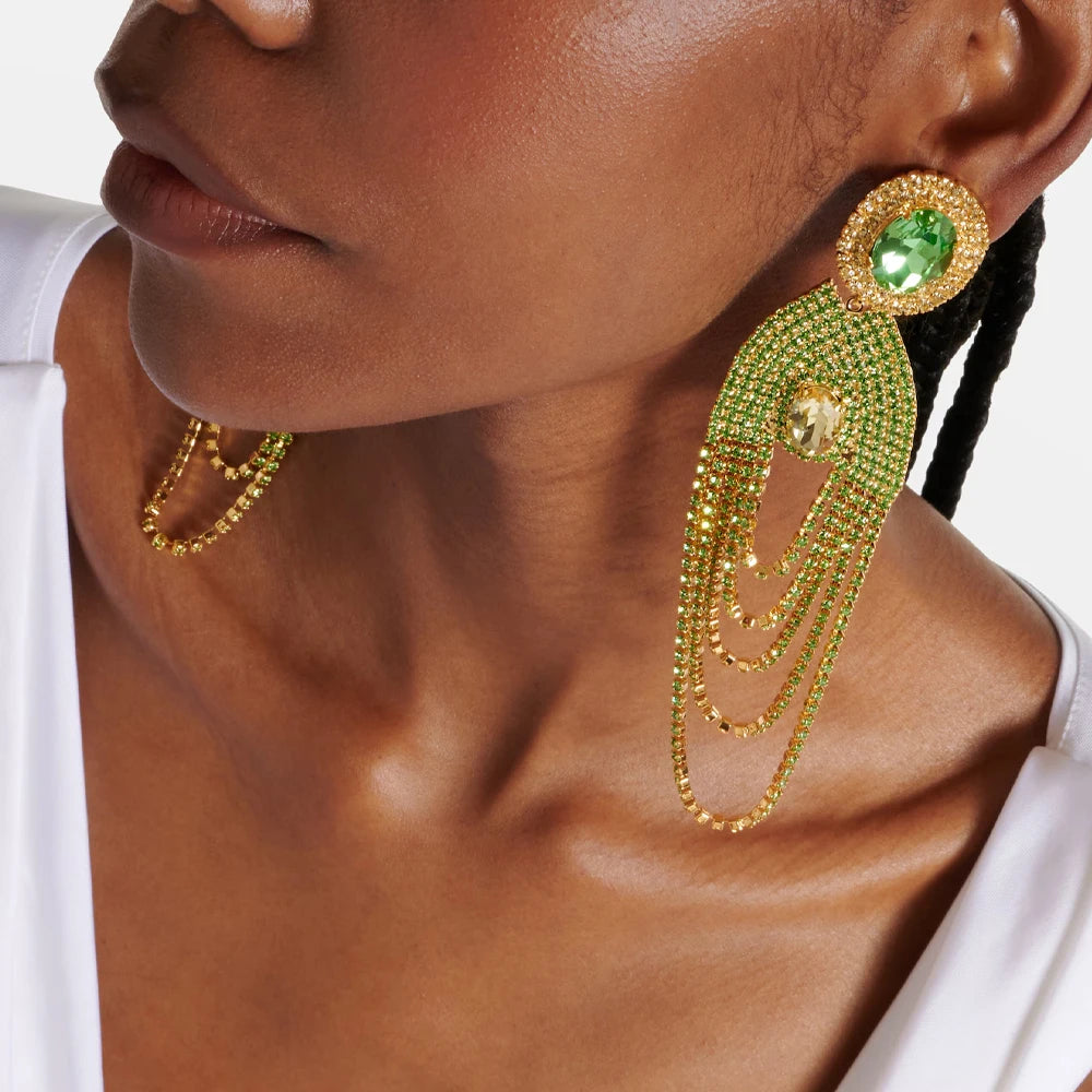 Green Crystal Multilayer Tassel Ear Clip Earrings Rhinestone Earrings No Piercing