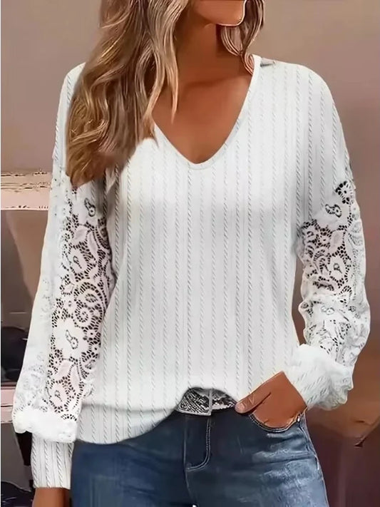 Women's Casual Comfortable Loose T-shirt Ladies Fashion Lace Lantern Sleeve V Neck Top