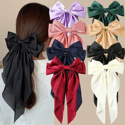 Hair Clips for Women  Big Bowknot Solid Satin Long Ribbon Bows Spring Clamp Barrette