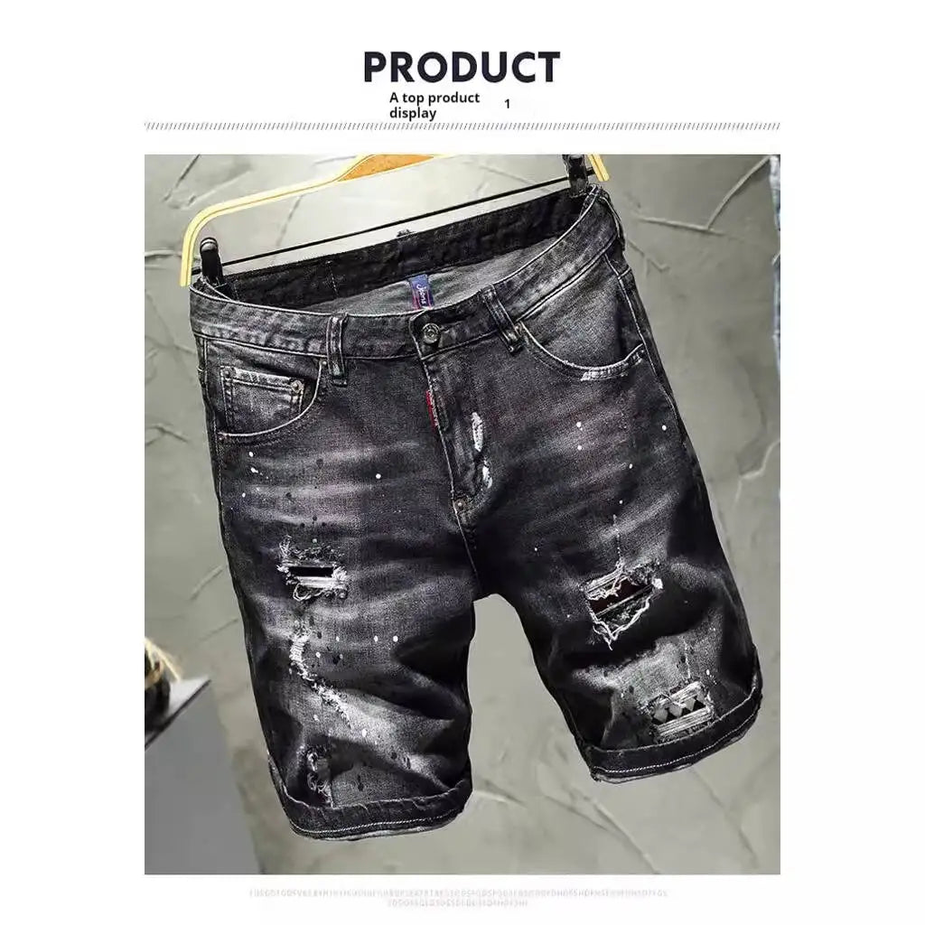 European and American cropped pants, denim shorts, cotton stretch, black gray, perforated high-end shorts