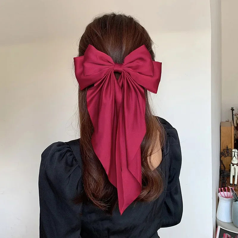 Hair Clips for Women  Big Bowknot Solid Satin Long Ribbon Bows Spring Clamp Barrette