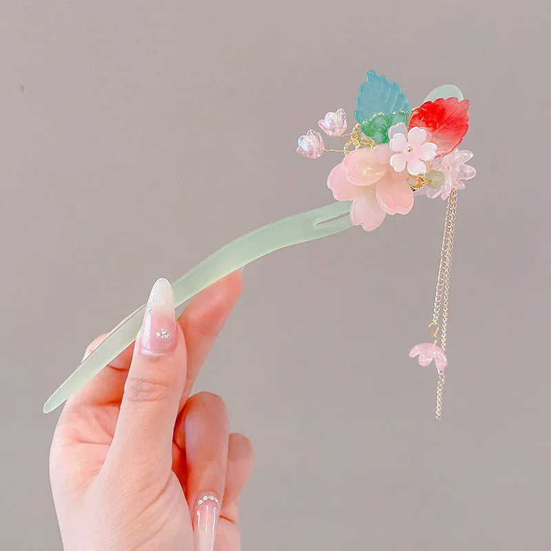 Elegant Chinese Style Hair Accessory Romantic Enameled Flower Tassel Hair Pin Alloy Jewelry Hairpin For Women Fashion Hairpin