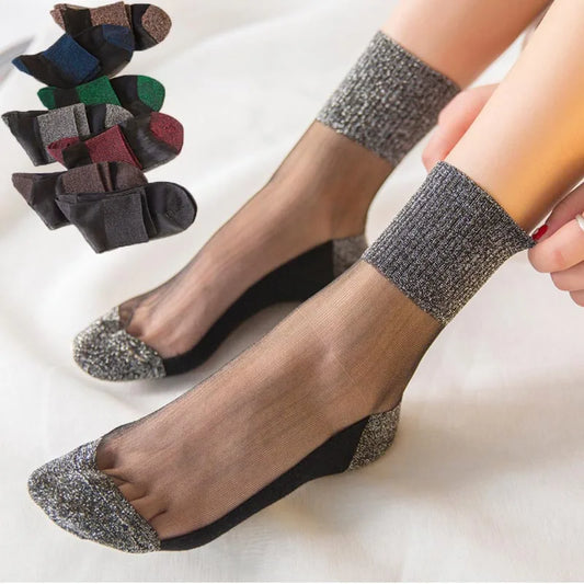 3 Pairs Spring Summer Women's Ultrathin Transparent Socks Glitter Crystal Glass Silk Socks Soft Lace Shiny Elastic Short Socks