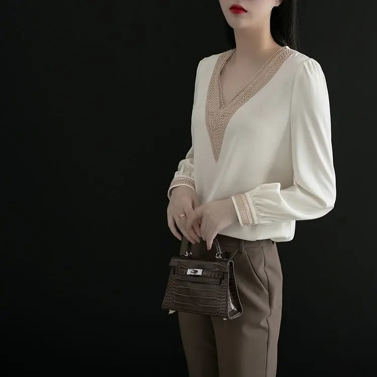 V-neck Embroidery Hollow Out  Long Sleeve Solid Color Blouse