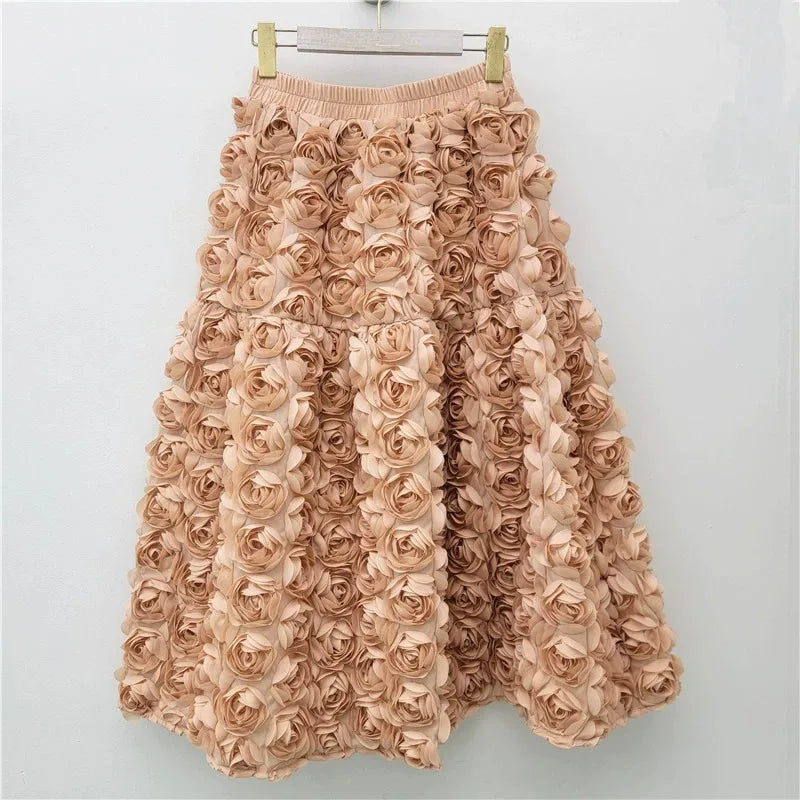 A-line 3d Rose Flowers Design Pleated  Long Skirt