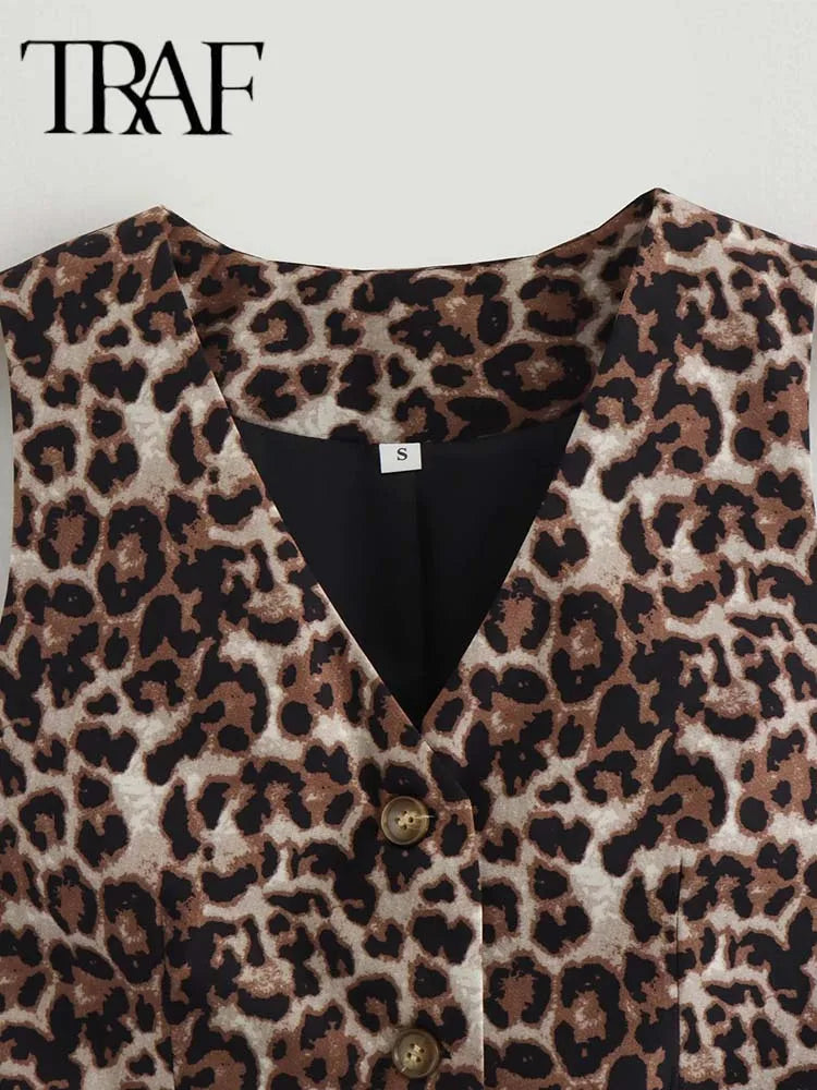 Women's Vest  Leopard Summer V-Neck Single-breasted Vest Top Ladies Casual Cropped Sleeveless