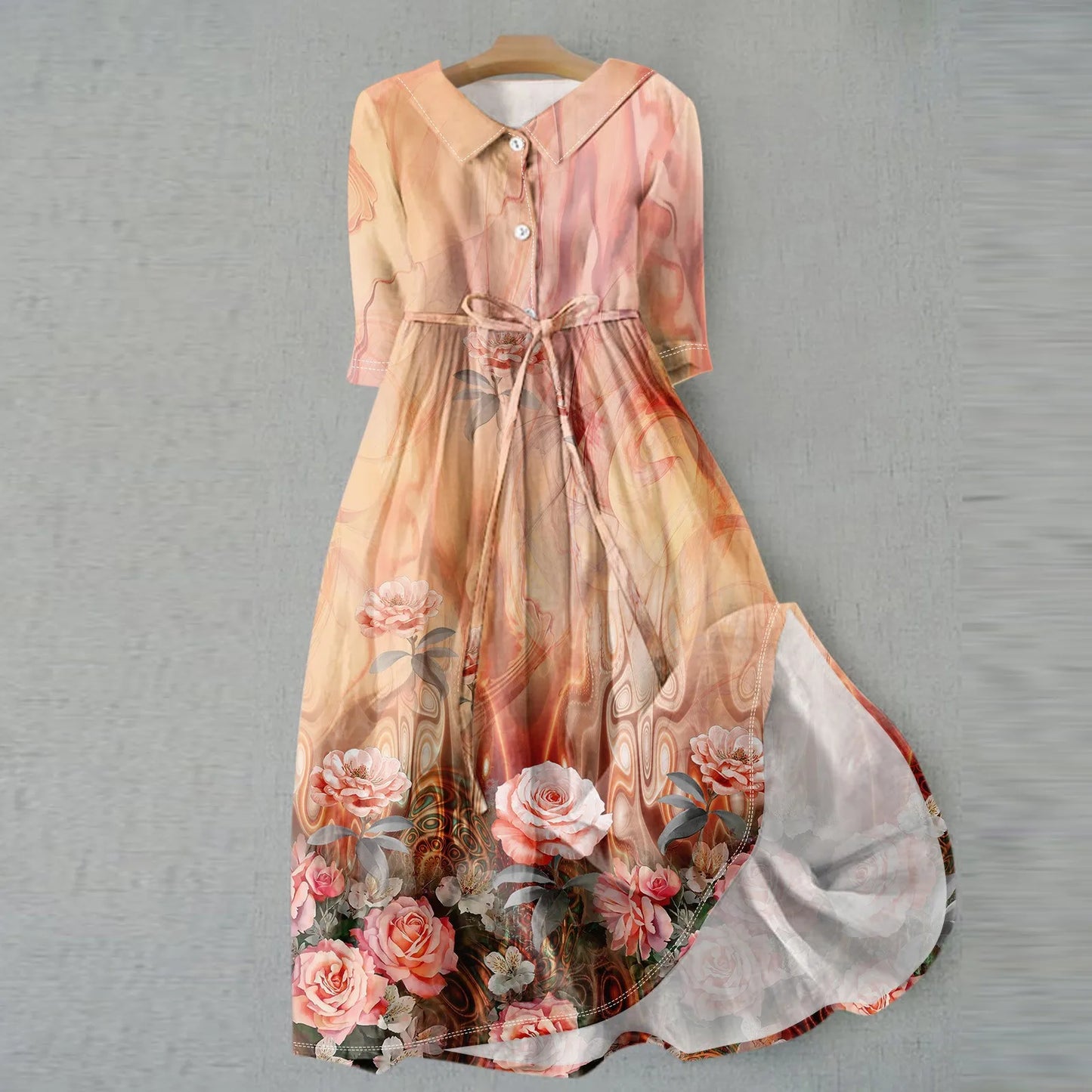 Floral Elegant  Lapel Button Evening Party Dresses Three Quarter Sleeves Formal Wear Mid-Calf  Summer Dress