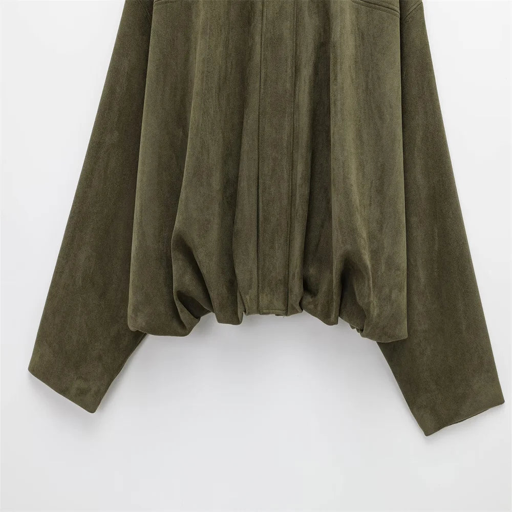 Women Faux Suede Collared Jacket with Shoulder Straps Loose Fit Stylish Olive Green