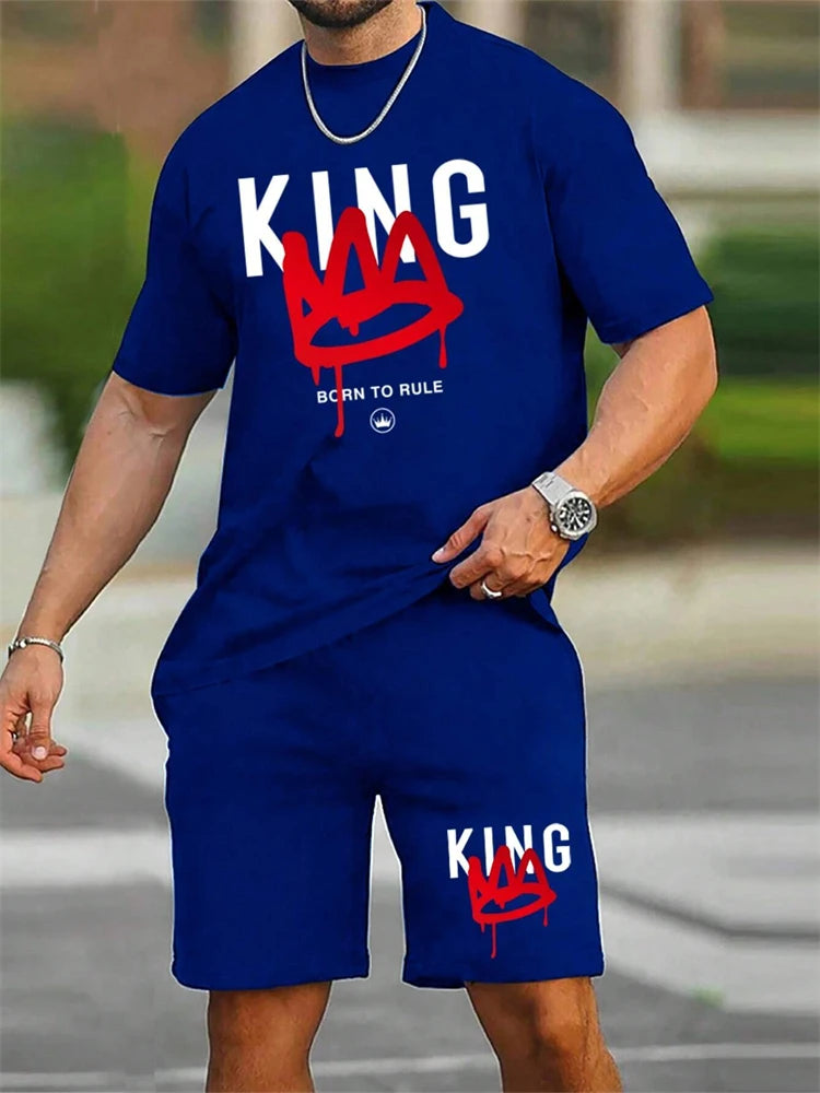 Men's Short Sleeve Shorts Set Fashion King Printed T-Shirt Shorts Sets of Casual Round Neck Breathable Sportswear