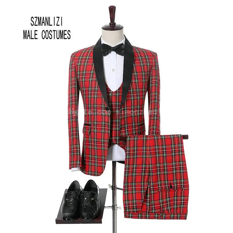 Latest Designs Men's Suits Shawl Lapel Groom Tuxedos Slim Fit Terno Prom Party 3 Pieces Set