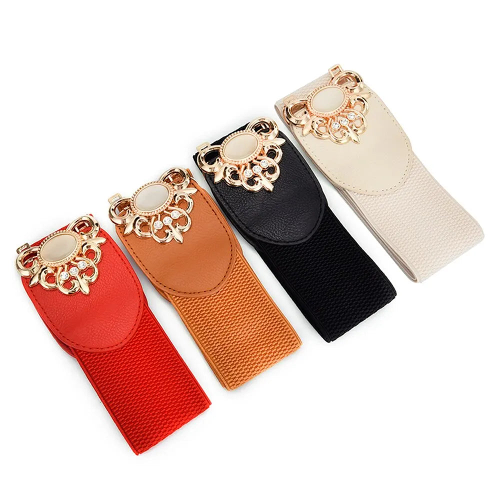 Women's Fashionable Golden Imitation Gemstone Shape Elastic Waist Closure With Double Hook Buckle Wide Belt