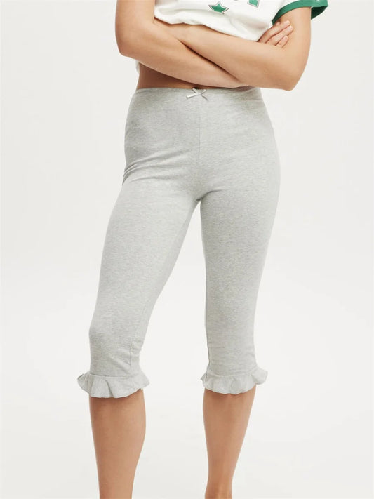 Women s Mid Waist Leggings with Solid Color Elastic Waist and Ruffled hem Casual Fashion Comfortable