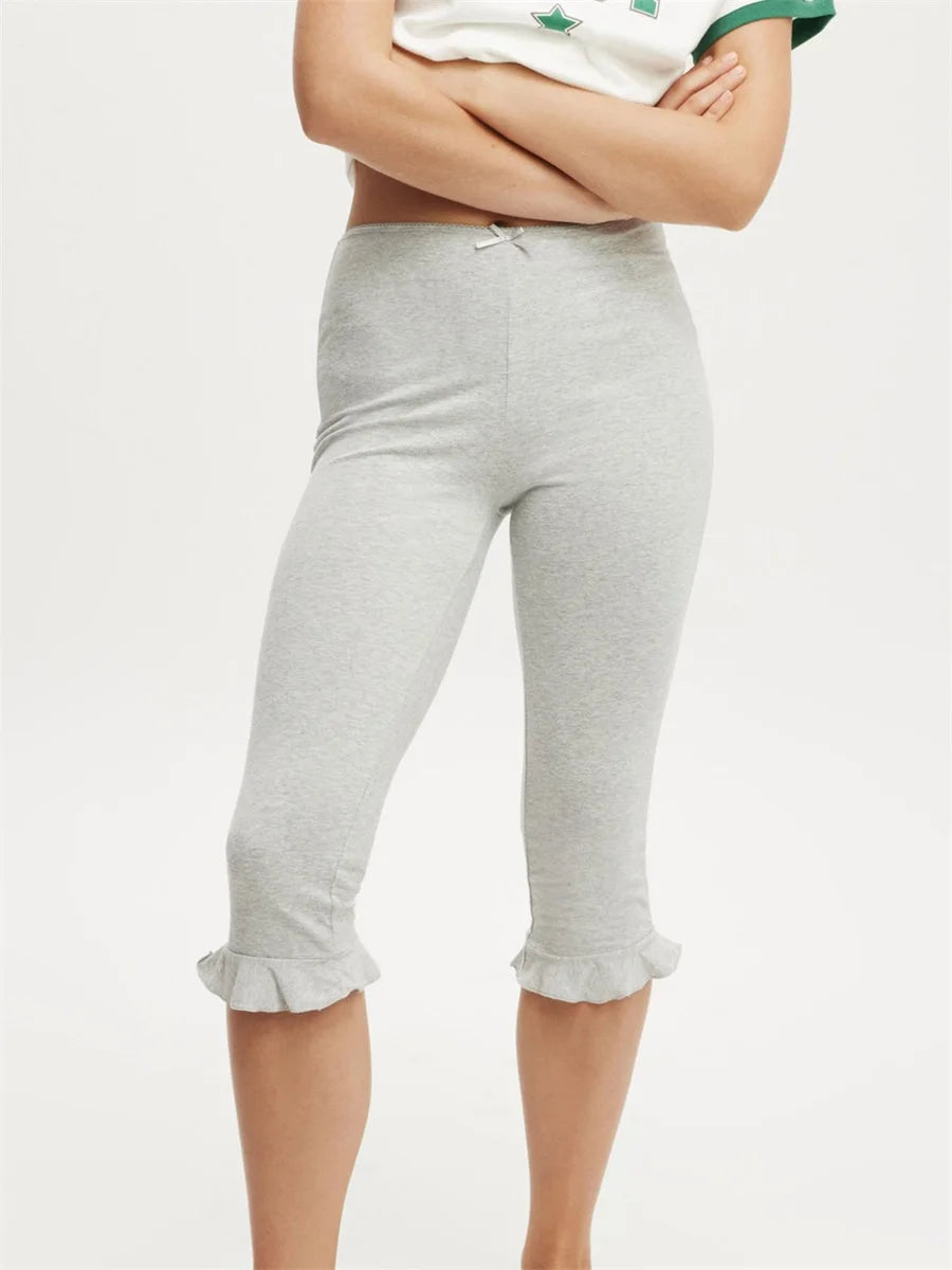 Women s Mid Waist Leggings with Solid Color Elastic Waist and Ruffled hem Casual Fashion Comfortable