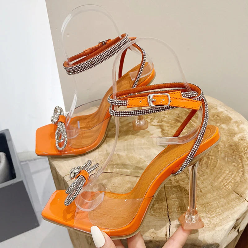 Sandals for Women Fashion Crystal Diamond Bow High Heel Transparent Shoes for Women High Heels