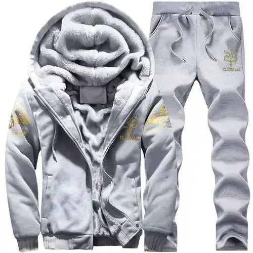 Thick Men Sports Suit Tracksuit Hooded Sportswear Zipper Cardigan Hooded Woolen Trousers Pants Casual Men Set