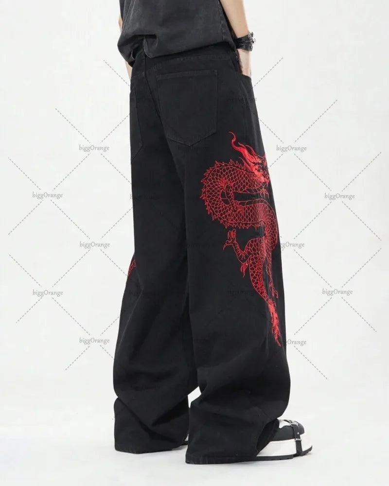 American Retro Oriental Dragon Design Fashionable Loose Jeans  Street Hip-hop Casual Straight Wide-leg Pants Women