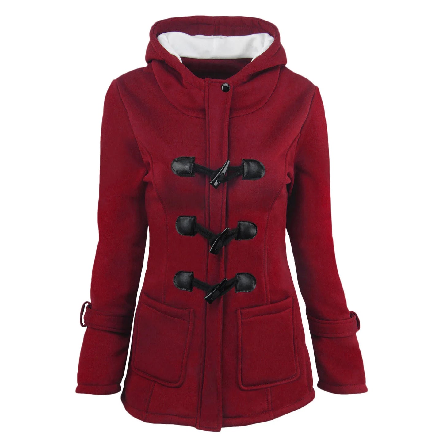Padded Women Solid Color Hooded Overcoat  Horn Buttons Warm Cardigan Overcoat Jacket