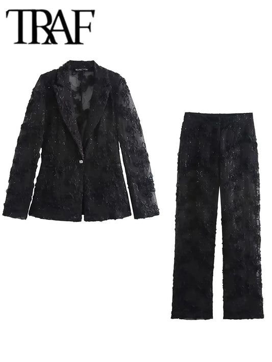 Sequin Pants Sets For Women 2 Pieces Fashion Translucent Blazer Coat Women's Suit Elegant Two Piece Women's Outfit