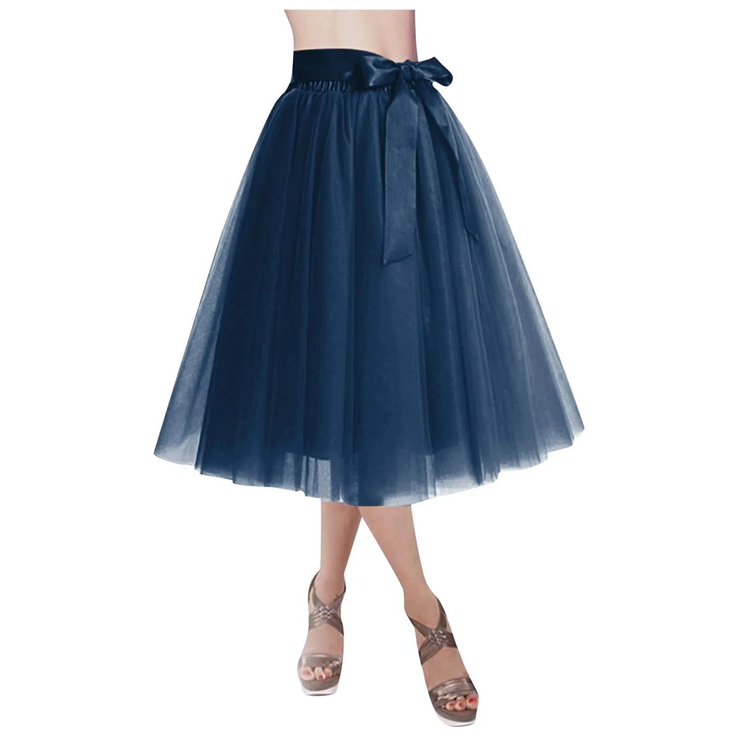 Women's Knee Length Mesh  Skirt Solid Color Elegant Elastic High Waist A-Line Petticoat