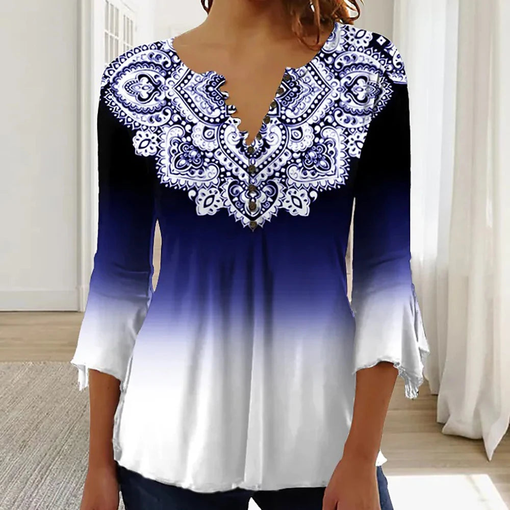 Women's V-Neck Short Sleeve Summer Button T-Shirt Street Trend Flower Geometric Print Women's Loose Casual V-Neck