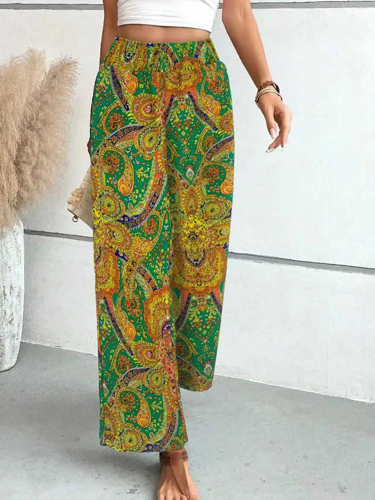 Summer Printing Wide Leg Pants for Women Straight Trouser  Fashion Elastic Waist Versatile Breathable