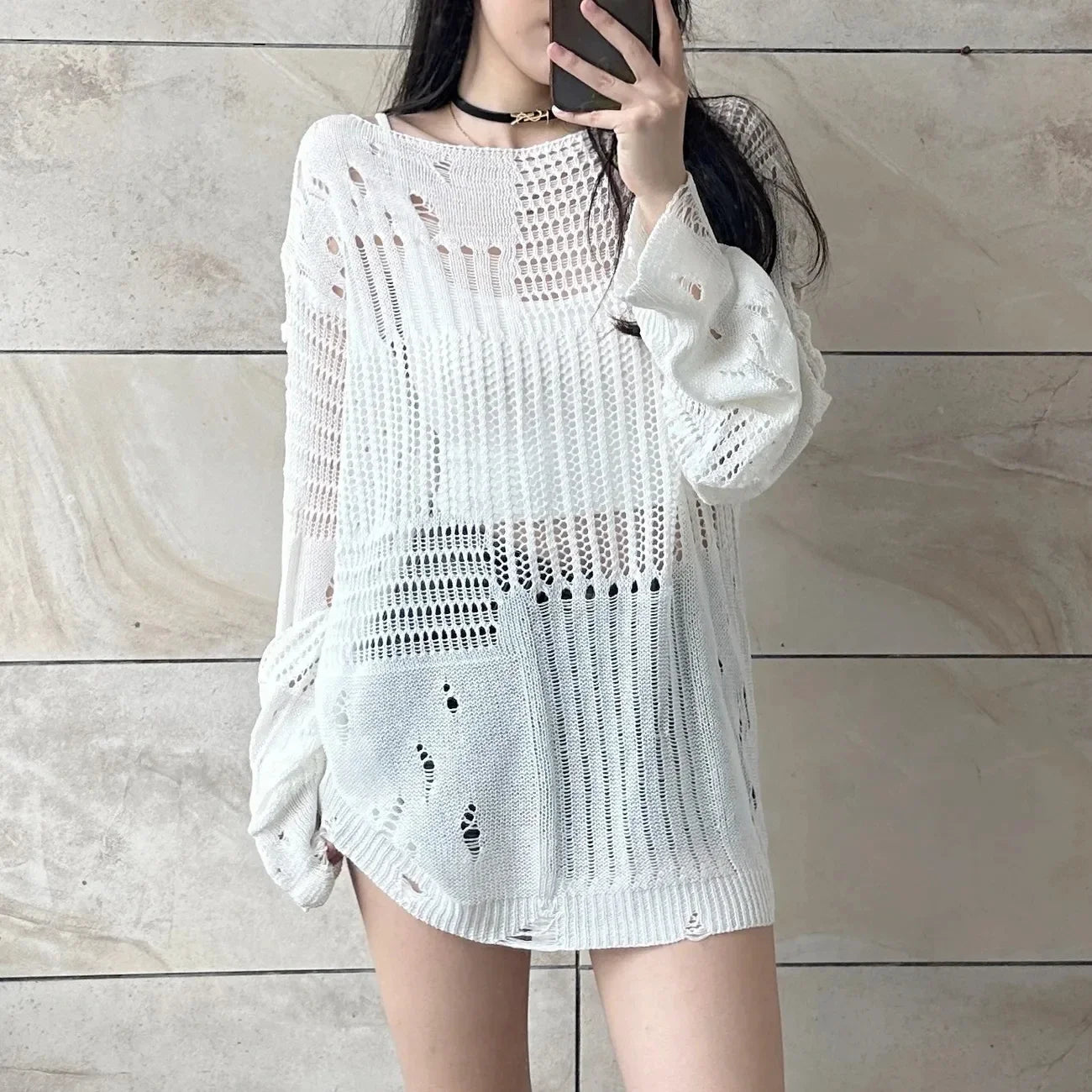 Hollow Knit  Loose Fitting Long Sleeve  Vintage Gothic Blouses