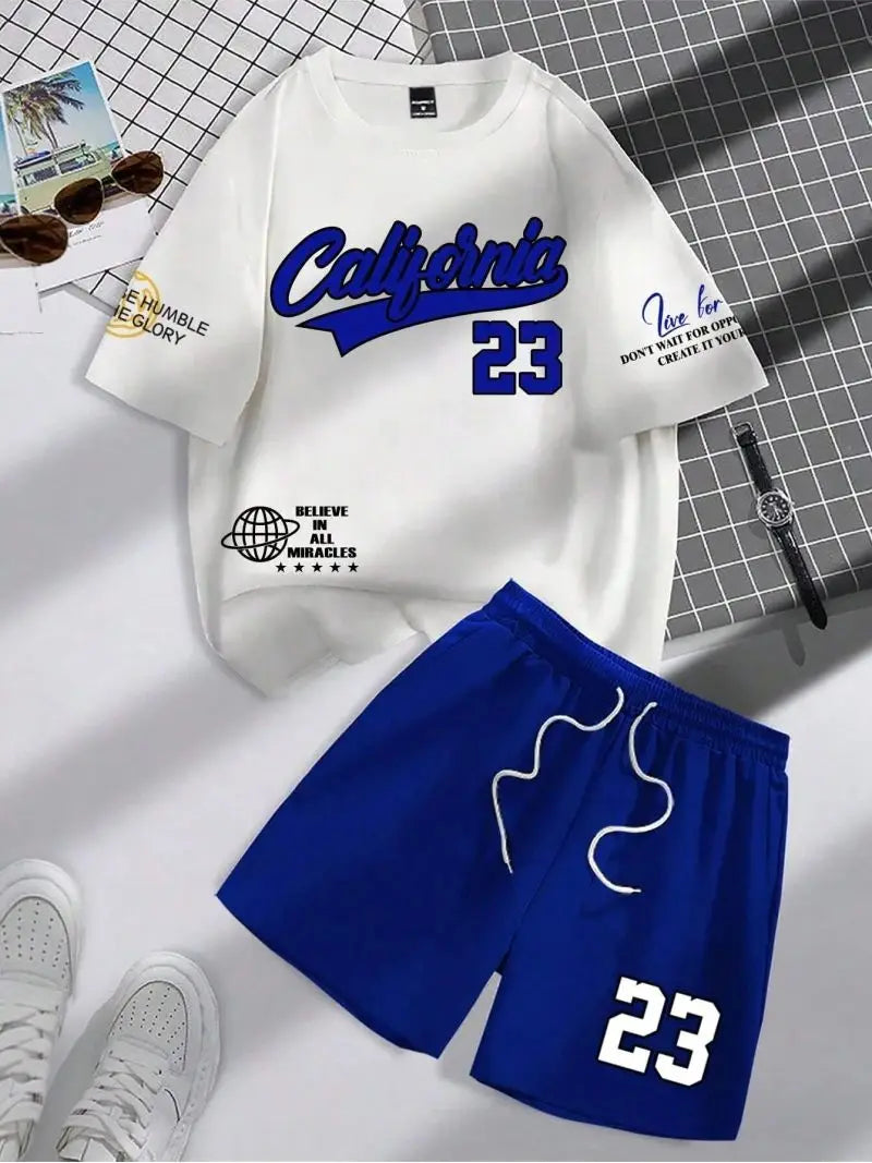 summer new trend men's suit round neck short sleeve set fashion personalized alphanumeric print round neck T-shirt and shorts