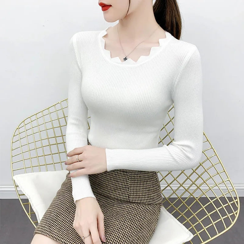 Fashion Long Sleeve Elegant O-neck Women Sweater Autumn Solid  Knitted Tops Winter Casual Pullover Jumper