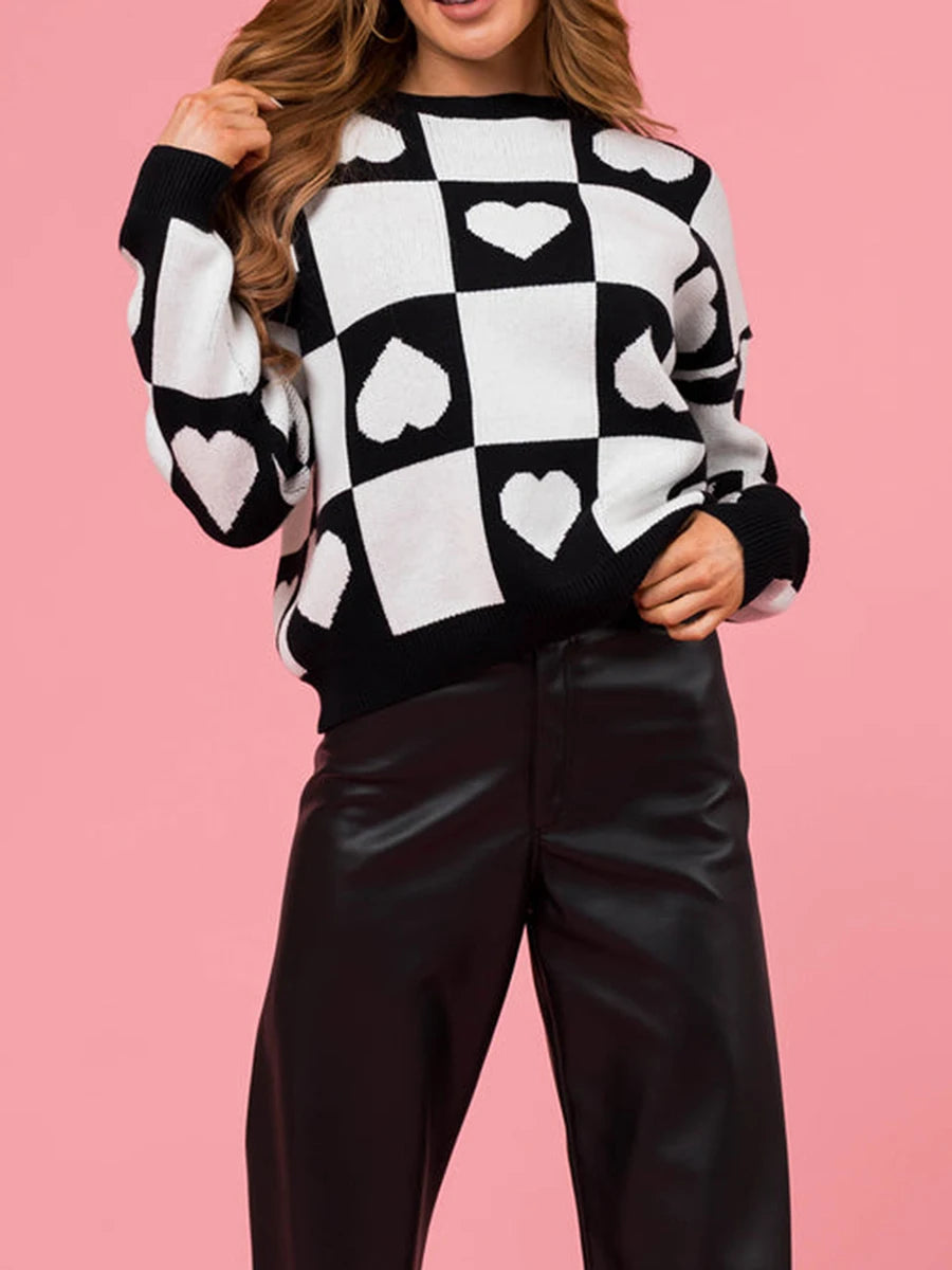 Women Plaid Love Heart Sweater Round Neck Pullover Sweater Long Sleeve Knit Top Casual Urban Street Style Wear