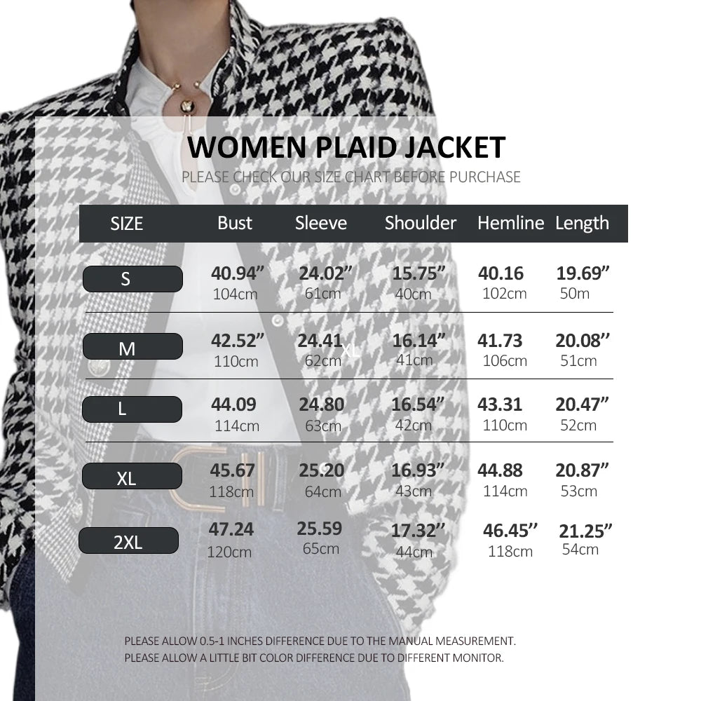 Houndstooth Classics Blazer Outerwear Vintage Stand Collar Long Sleeves
