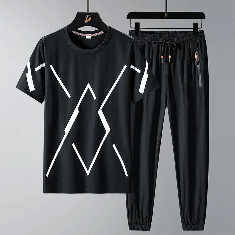 Men T Shirt Suit Pants 2 Piece Set Oversize 6XL 7XL 8XL Plus Size Short Sleeve Black T-shirts Summer Fashion Loose