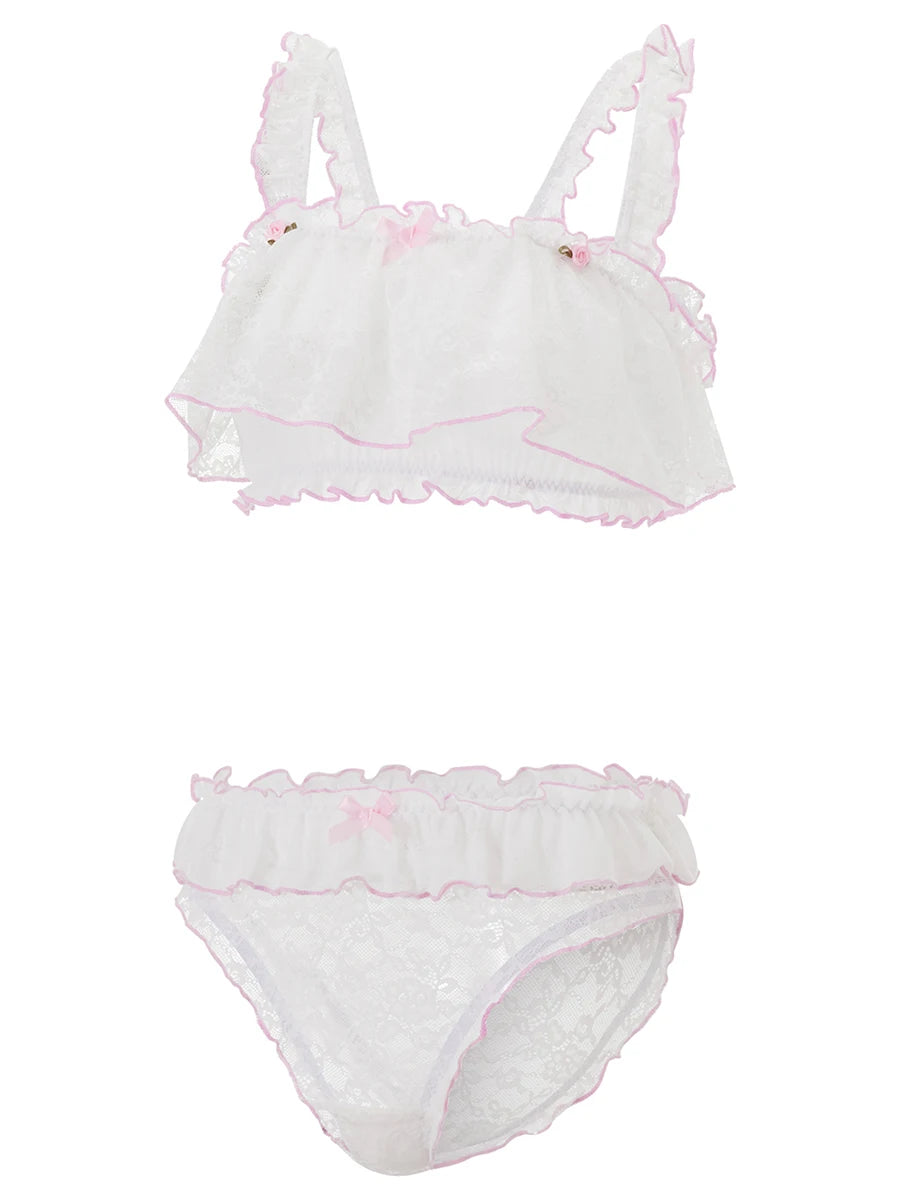 Lace Lingerie Set with Bow Detail and  Panties Sheer Nightgown with Colorful Trim and Frilly Bra