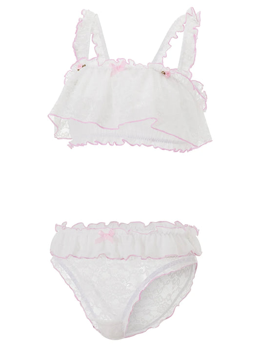 Lace Lingerie Set with Bow Detail and  Panties Sheer Nightgown with Colorful Trim and Frilly Bra