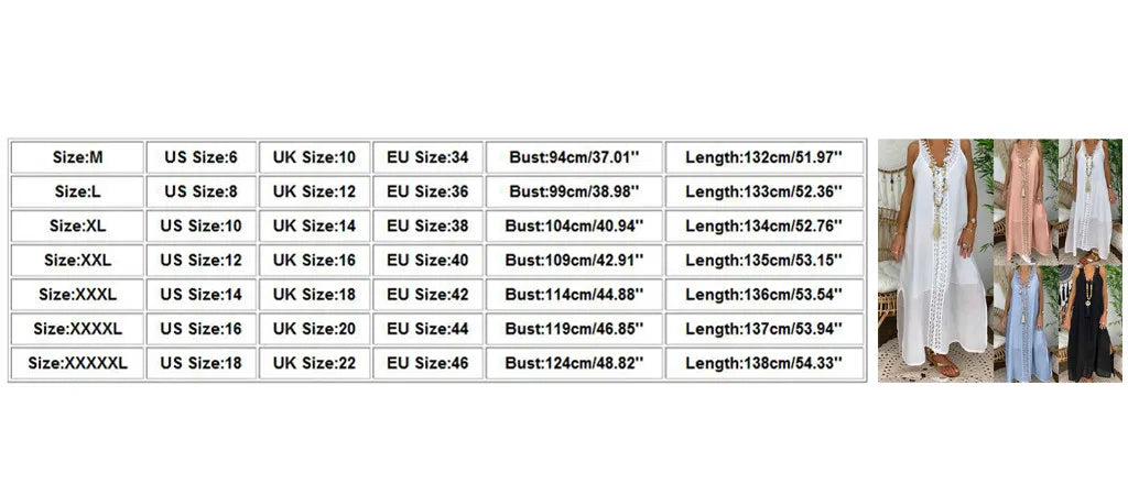 Women's Vintage Sleeveless Lace Spliced Maxi Dress Casual Sundress Summer Plus Size Elegant V-neck Hollow Out Loose Long Dress