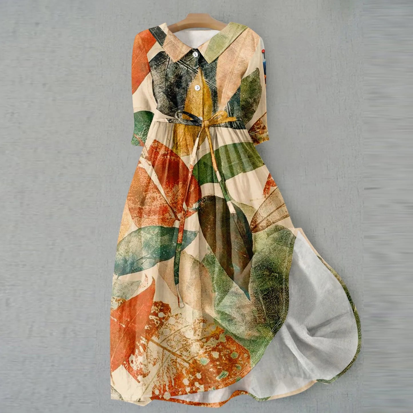 Floral Elegant  Lapel Button Evening Party Dresses Three Quarter Sleeves Formal Wear Mid-Calf  Summer Dress